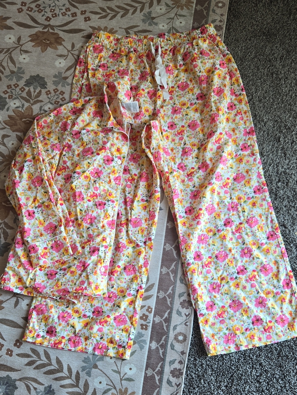 Womens Lands End Cotton Poplin 2 Piece Floral Solid Pajama Set Size Large
